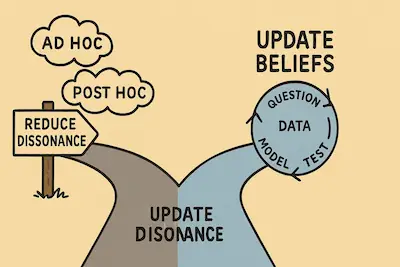 Viñeta con bifurcación: a la izquierda 'Reduce dissonance' con nubes 'Ad hoc' y 'Post hoc'; a la derecha 'Update beliefs' con un ciclo 'Question → Data → Model → Test'.